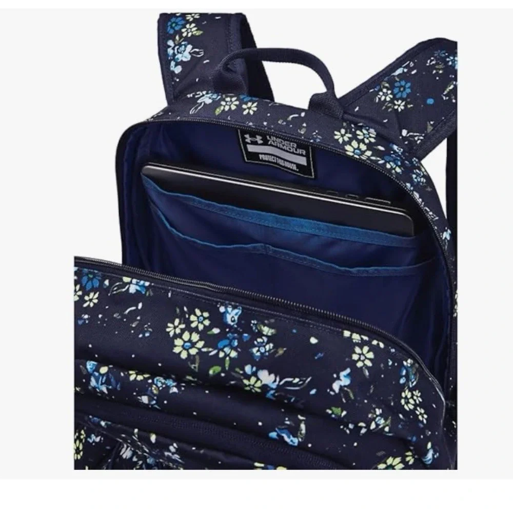 UNDER ARMOUR HUSTLE BACKPACK FLORAL MIDNIGHT NAVY / WHITE CLAY ONE SIZE NEW